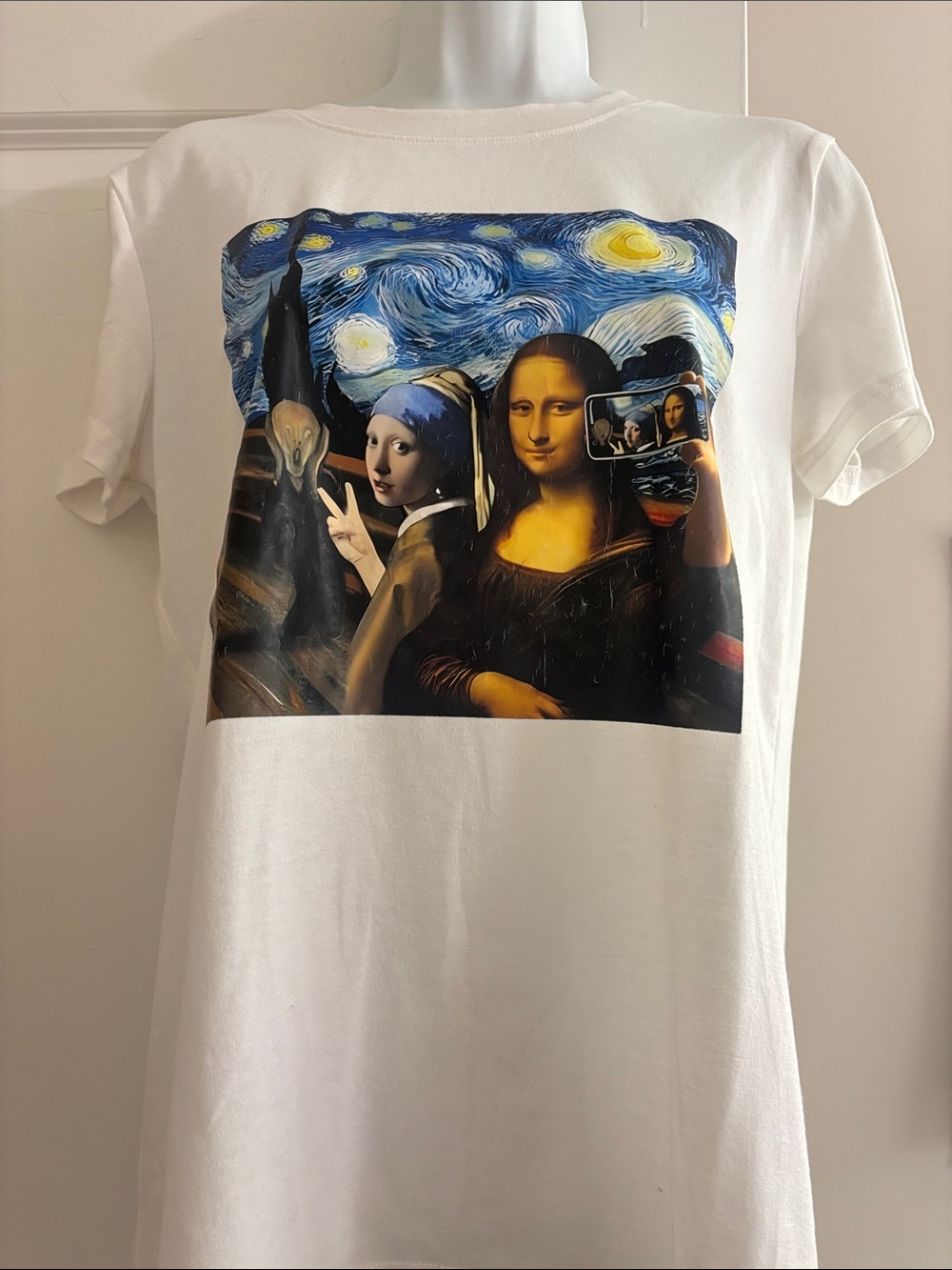 Fun Artistic White Art Print T-Shirt Featuring Classic Masterpieces with a Spin